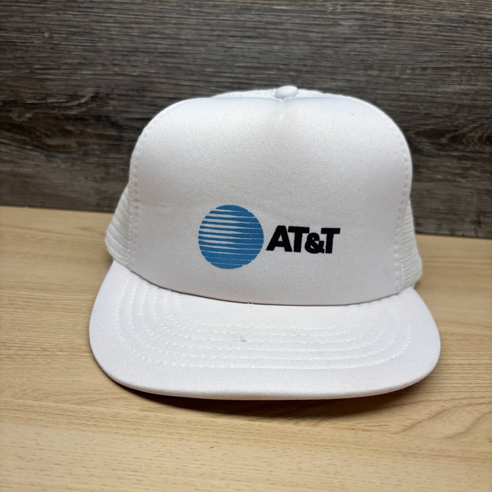Vintage AT&T Hat Cap Snap Back White Blue Globe Trucker Mesh Advertising 80s